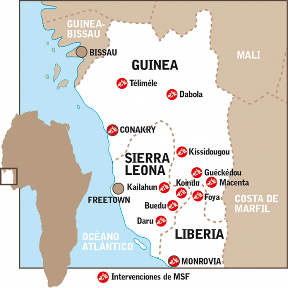 Medicos Sin Fronteras ante la aparición del Ébola - Mapa de Junio, 2014